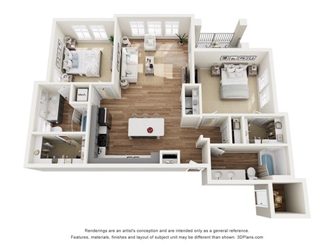 A 3D floor plan of a house with a kitchen, living room, and bedrooms.